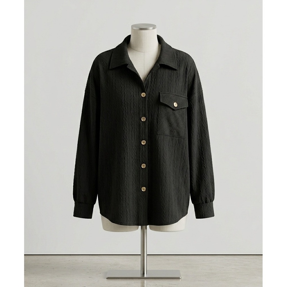 Minimalist Black Textured Button Down Shacket Oversized Dark Academia NWT